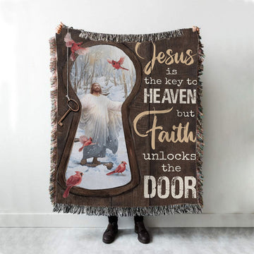 Jesus Christ Northern Cardinal Woven Blanket - Jesus Is The Key To Heaven Blanket Prints - Jesus Christ Woven Blanket Art - Christian Boho Blanket