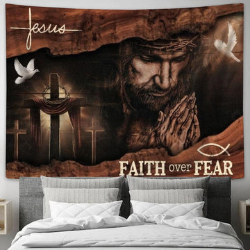 Jesus Christ Praying Hands Cross Faith Over Fear Tapestry, Tapestries for Living Room Bedroom