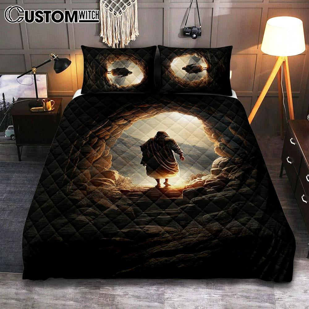 Jesus Christ Rises From Cave Quilt Bedding Set Prints - Religious Quilt Bedding Set Art - Christian Cover Twin Bedding Decor