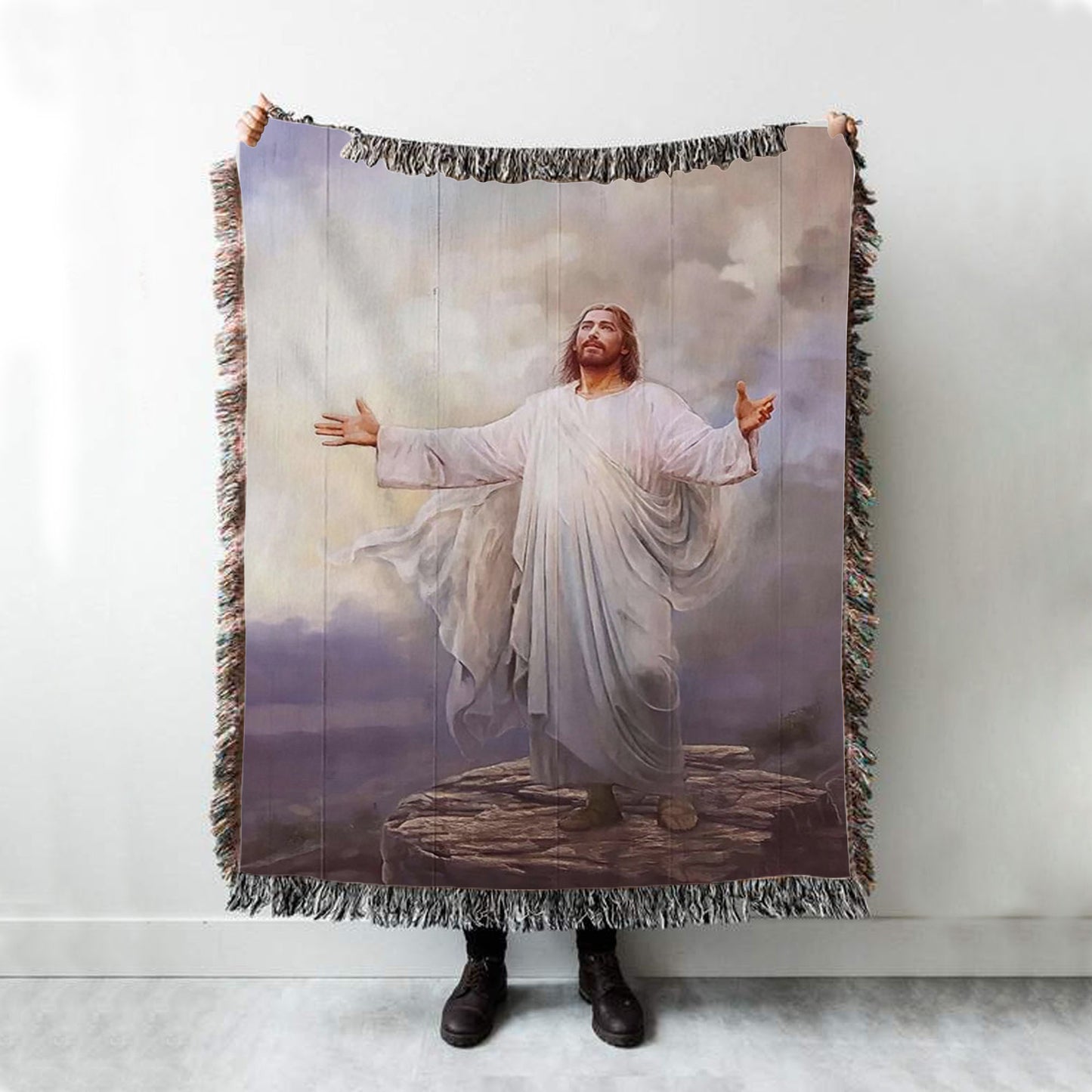 Jesus Christ Spread His Arms Woven Blanket - For This Purpose I Have Come Jesus Woven Blanket Prints - Christian Boho Blanket
