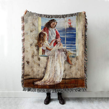 Jesus Christ The Redeemer Beautiful Girl Blue Ocean Throw Blanket Woven Blanket - Jesus Portrait Woven Blanket Prints - Christian Throw Blanket