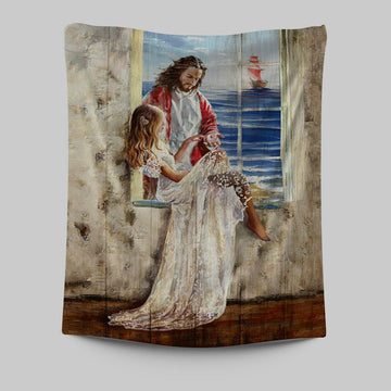 Jesus Christ The Redeemer Beautiful Girl Blue Ocean Wall Art Tapestry - Jesus Portrait Tapestry Prints - Christian Wall Art