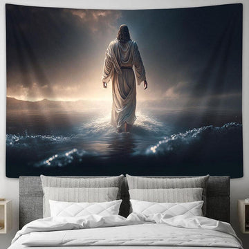 Jesus Christ Walk On The Water Tapestry Pictures - Faith Art - Christian Tapestry Wall Art Decor