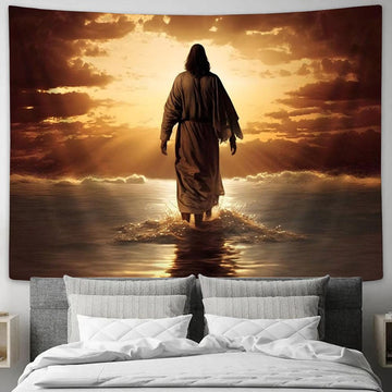 Jesus Christ Walk Water Sunset Tapestry Pictures - Faith Art - Christian Tapestry Wall Art Decor