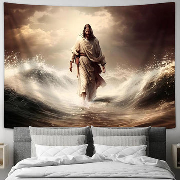 Jesus Christ Walking On Water Tapestry Pictures - Faith Art - Christian Tapestry Wall Art Decor