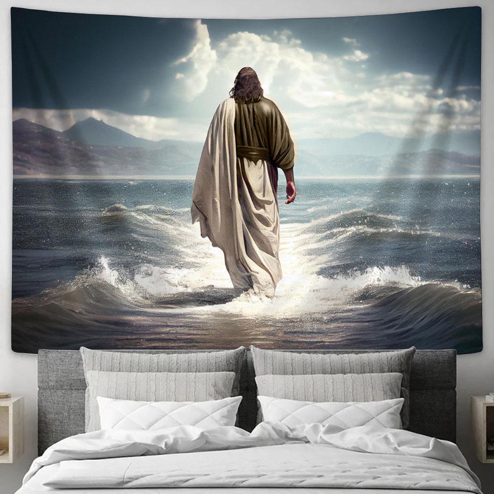 Jesus Christ Walking Water Sea Tapestry Pictures - Faith Art - Christian Tapestry Wall Art Decor