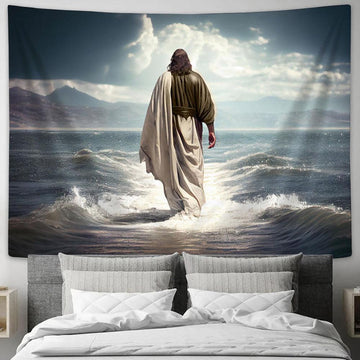 Jesus Christ Walking Water Sea Tapestry Pictures - Faith Art - Christian Tapestry Wall Art Decor