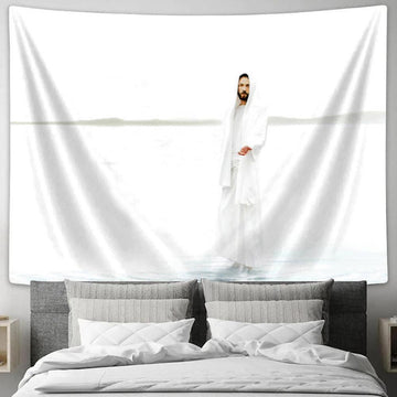 Jesus Christ Walks On Water - White Jesus - Come And See Blue Tapestry Wall Art - Christian Wall Decor - Religious Art