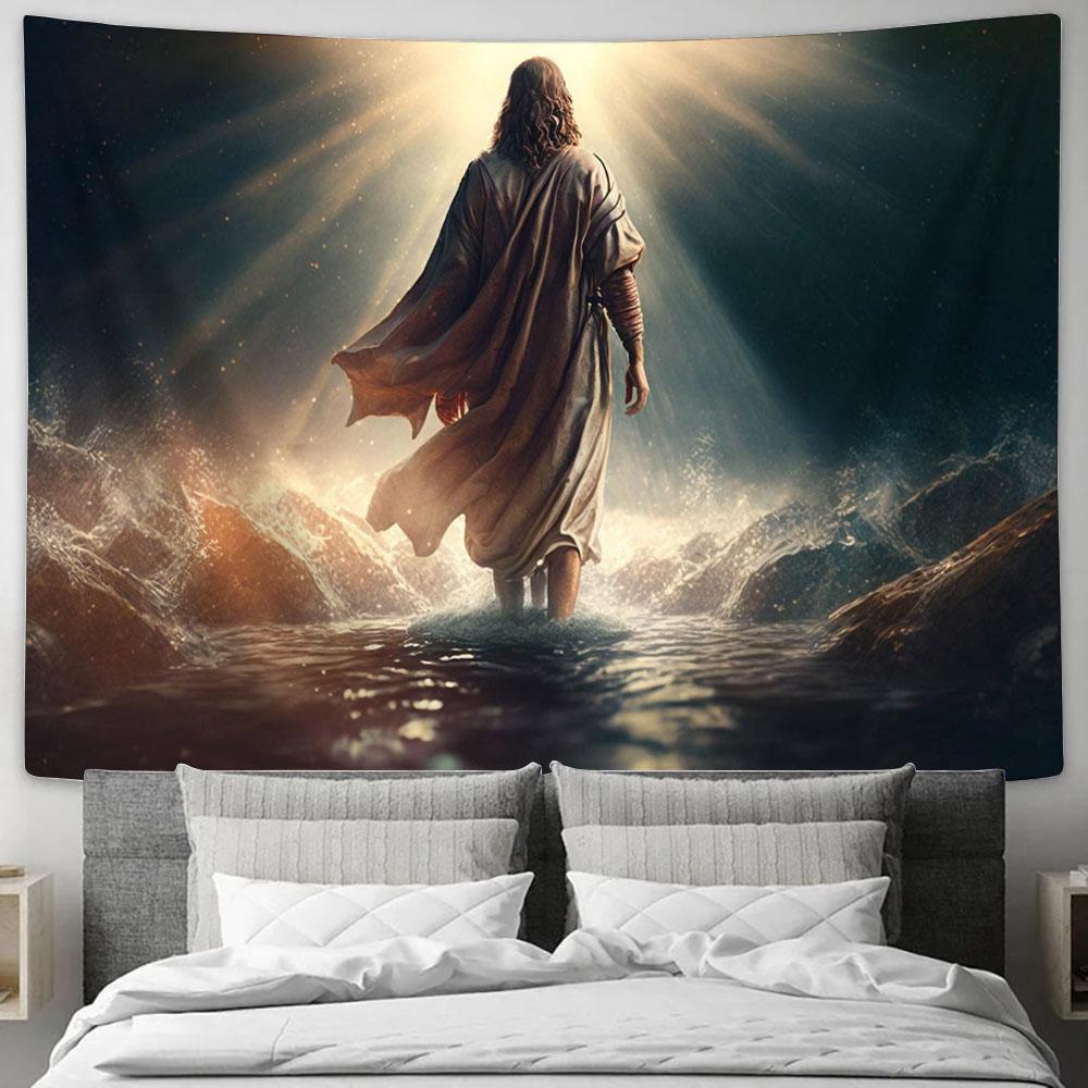 Jesus Christ Walks Water Religious Tapestry Pictures - Faith Art - Christian Tapestry Wall Art Decor