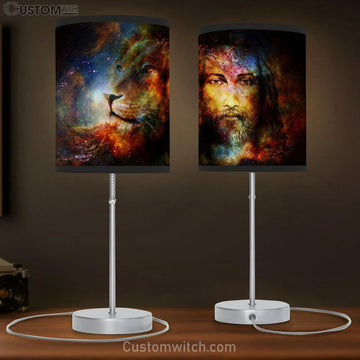 Jesus Christ With A Lion Of Judah In Cosmic Space Table Lamp Prints - Religious Wall Decor - Christian Table Lamp Gift