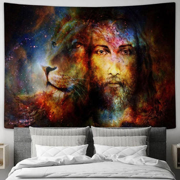 Jesus Christ With A Lion Of Judah In Cosmic Space Tapestry Prints - Religious Wall Decor - Christian Tapestry Wall Art