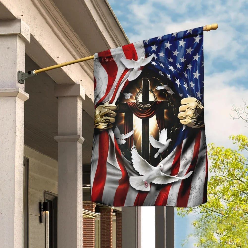 Jesus Christ With Cross American House Flags With Dove House Flags, Christian Flag, Scripture Flag, Garden Banner