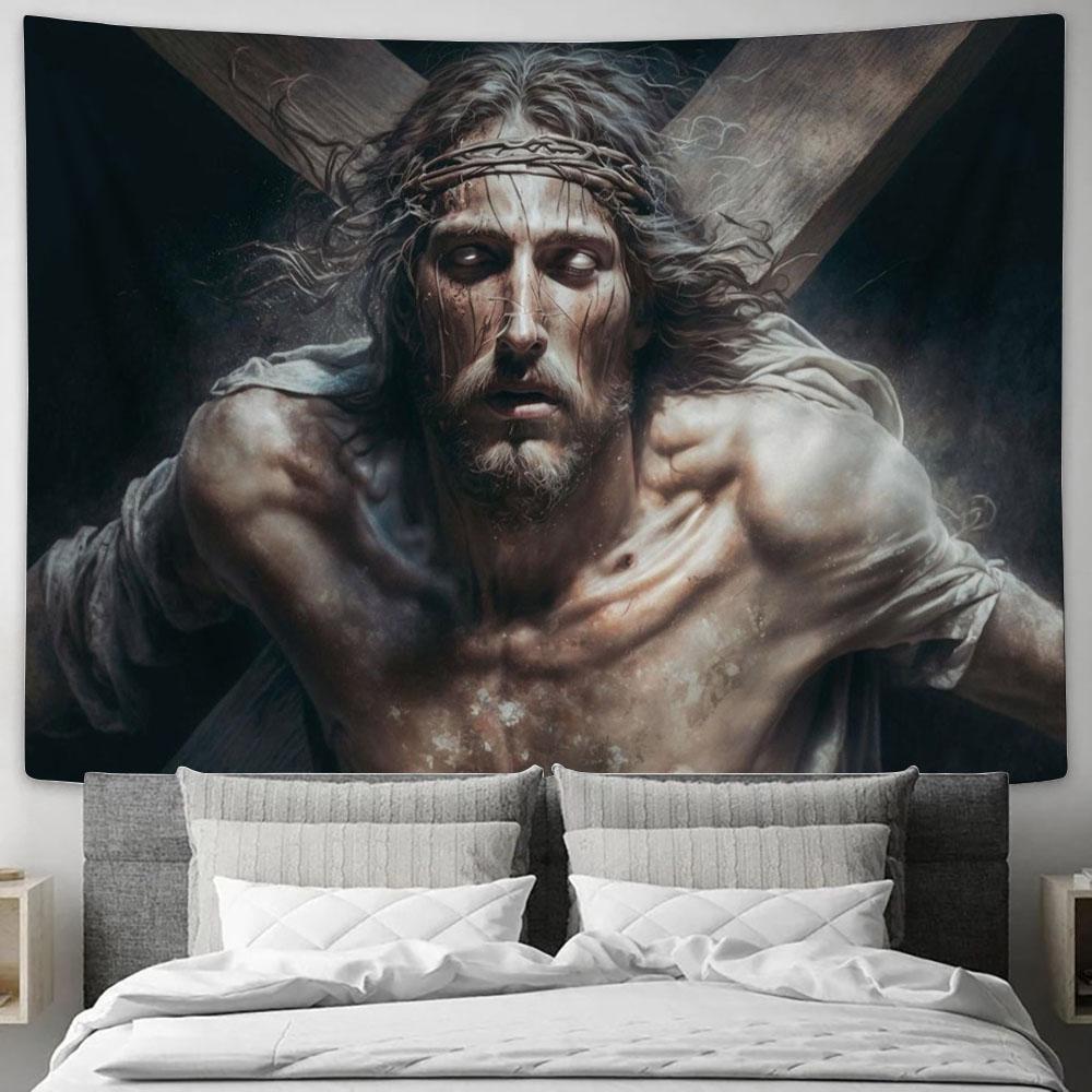 Jesus Christ With Crown Thorns Crucification Resurrection Tapestry Pictures - Faith Art - Christian Tapestry Wall Art Decor