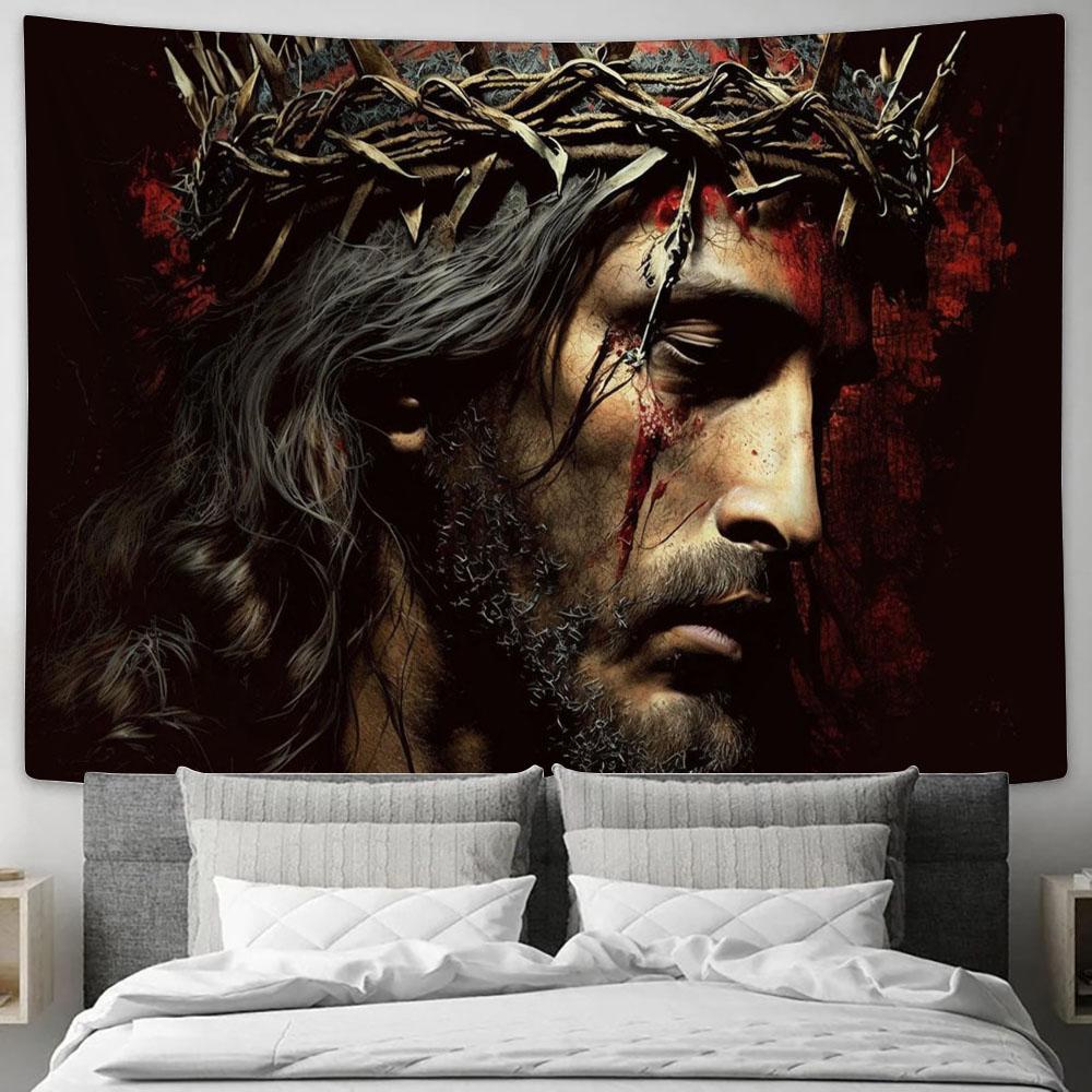 Jesus Christ With Crown Thorns Crucification Tapestry Pictures - Faith Art - Christian Tapestry Wall Art Decor