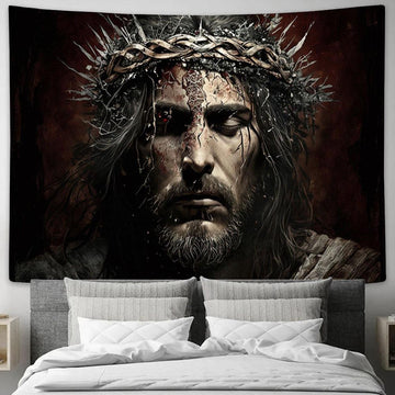 Jesus Christ With Crown Thorns Easter Crucification Resurrection Tapestry Pictures - Faith Art - Christian Tapestry Wall Art Decor