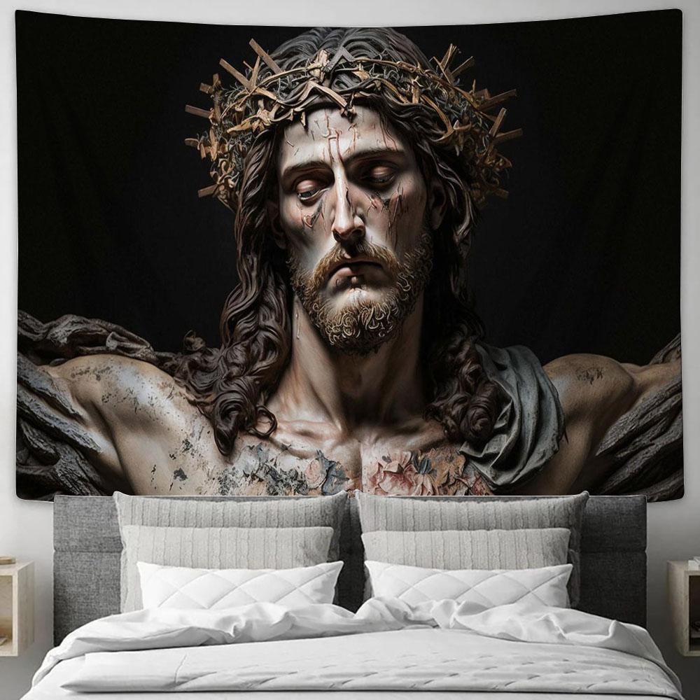 Jesus Christ With Crown Thorns Tapestry Pictures - Faith Art - Christian Tapestry Wall Art Decor