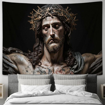 Jesus Christ With Crown Thorns Tapestry Pictures - Faith Art - Christian Tapestry Wall Art Decor