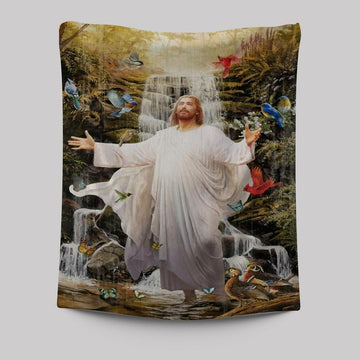 Jesus, Colorful Birds, Forest Stream, Scenery Painting Tapestry