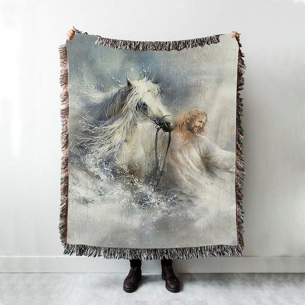 Jesus Comes With A White Horse Throw Blanket Woven Blanket - Jesus Portrait Woven Blanket Prints - Christian Throw Blanket