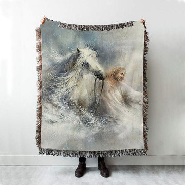 Jesus Comes With A White Horse Throw Blanket Woven Blanket - Jesus Portrait Woven Blanket Prints - Christian Throw Blanket