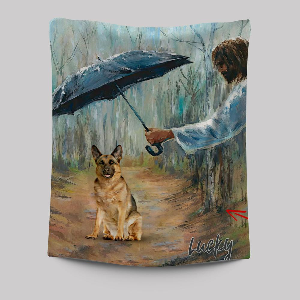 Jesus Covers Umbrella The Dog Custom Tapestry Wall Art - Personalized Pet Memorial Tapestry Art - Pet Memorial Gifts