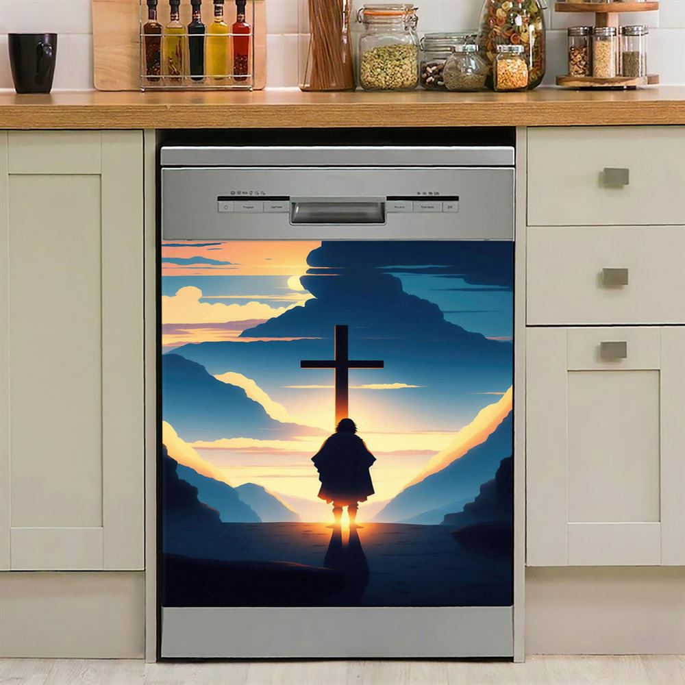 Jesus Cross Front Mountain With Sun Shining It Dishwasher Cover, Religious Dishwasher Stickers, Christian Kitchen Decor