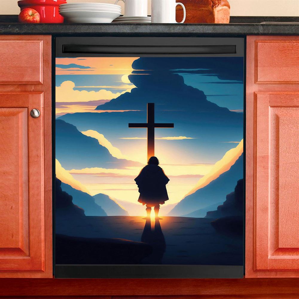 Jesus Cross Front Mountain With Sun Shining It Dishwasher Cover, Religious Dishwasher Stickers, Christian Kitchen Decor