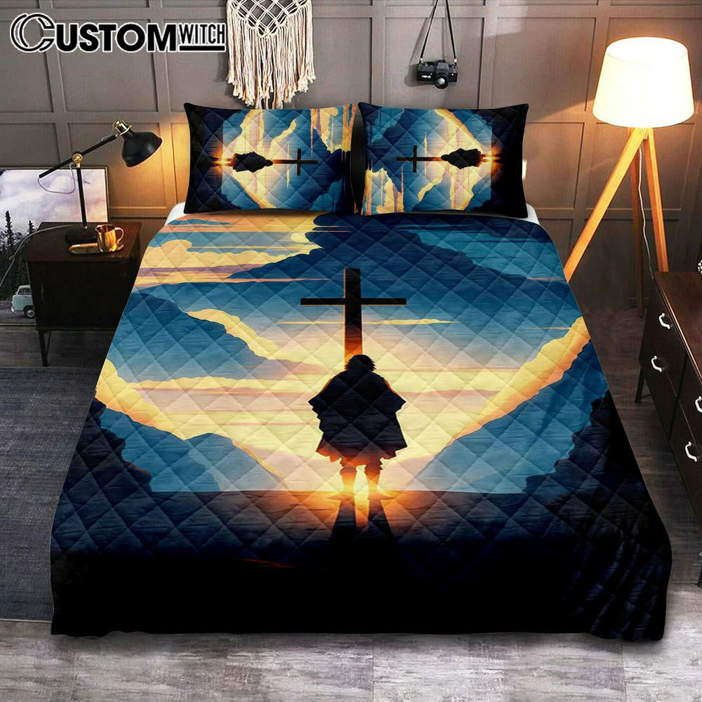 Jesus Cross Front Mountain With Sun Shining It Quilt Bedding Set Prints - Religious Quilt Bedding Set Art - Christian Cover Twin Bedding Decor