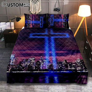 Jesus Cross World Trade Center Building Quilt Bedding Set Prints - Jesus Christ Quilt Bedding Set Art - Christian Cover Twin Bedding Decor