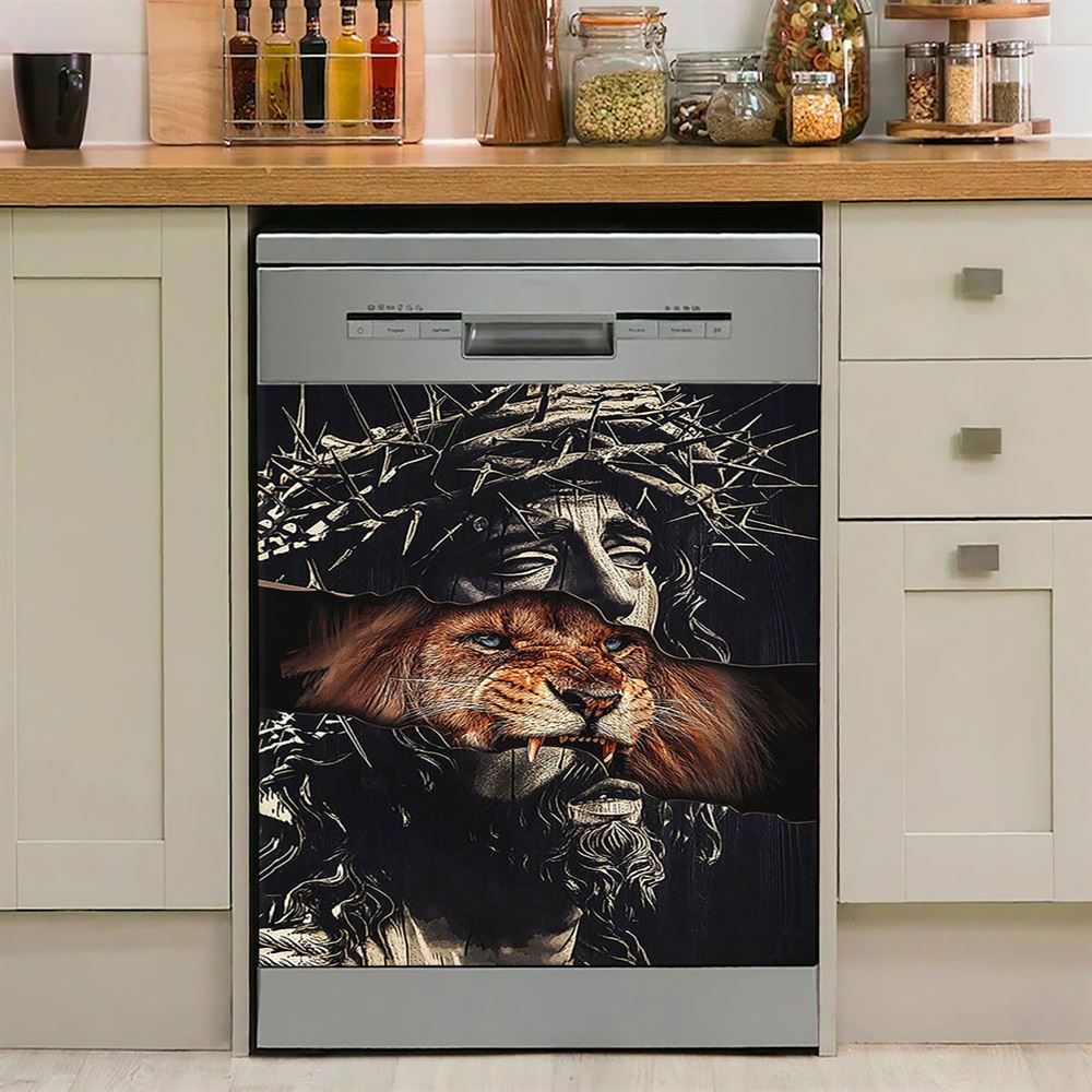 Jesus Crown Of Thorn And Lion Dishwasher Cover, Christian Dishwasher Stickers, Religious Kitchen Decor