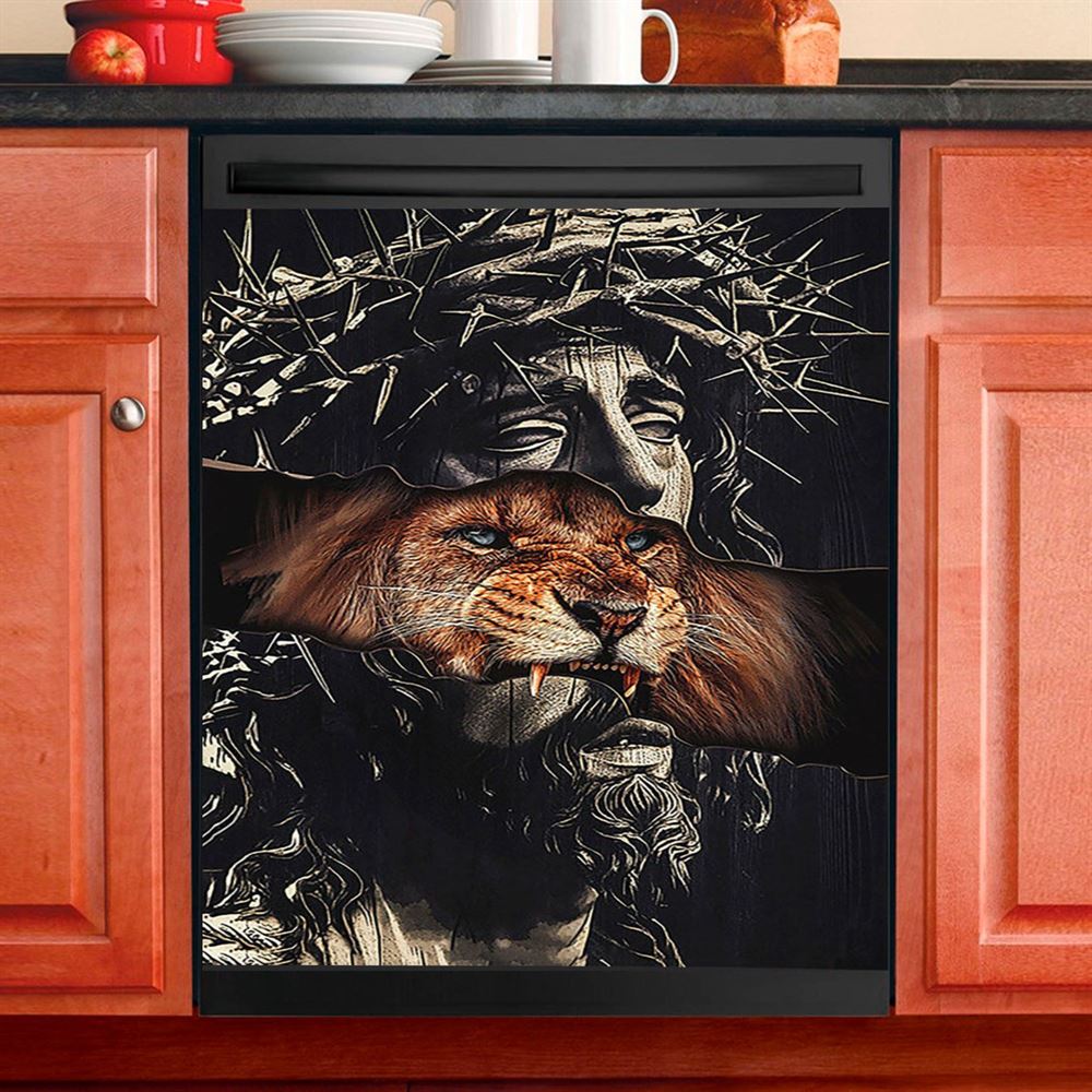 Jesus Crown Of Thorn And Lion Dishwasher Cover, Christian Dishwasher Stickers, Religious Kitchen Decor