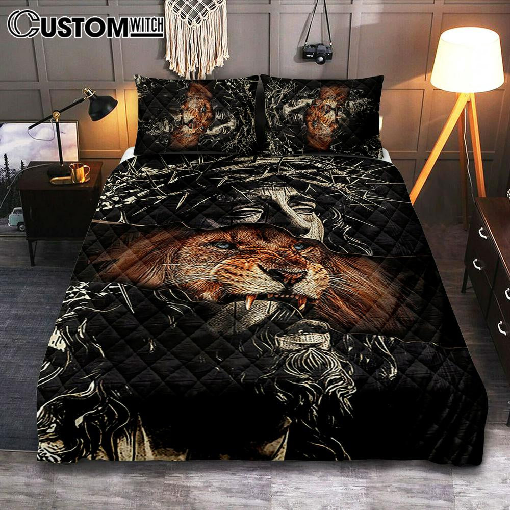 Jesus Crown Of Thorn And Lion Quilt Bedding Set - Christian Bedroom - Religious Home Decor