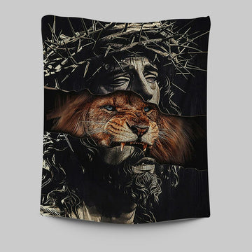 Jesus Crown Of Thorn And Lion Tapestry - Christian Wall Art - Religious Home Decor