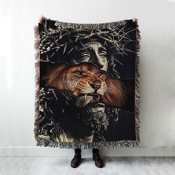 Jesus Crown Of Thorn And Lion Woven Blanket - Christian Throw Blanket - Religious Home Decor