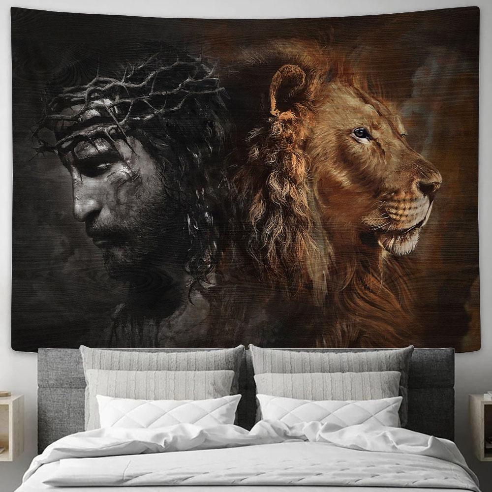 Jesus Crown Of Thorns And Lion Tapestry Art - Christian Wall Art Decor - Bible Verse Tapestry