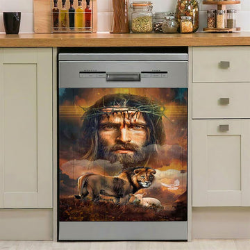 Jesus Crown Of Thorns Lion Lamb Holy Spirit Dove Dishwasher Cover, Jesus Portrait Dishwasher Stickers, Christian Kitchen Decor