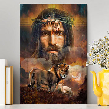 Jesus Crown Of Thorns Lion Lamb Holy Spirit Dove Wall Art Canvas - Jesus Portrait Canvas Prints - Christian Wall Art