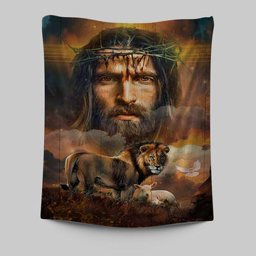 Jesus Crown Of Thorns Lion Lamb Holy Spirit Dove Wall Art Tapestry - Jesus Portrait Tapestry Prints - Christian Wall Art