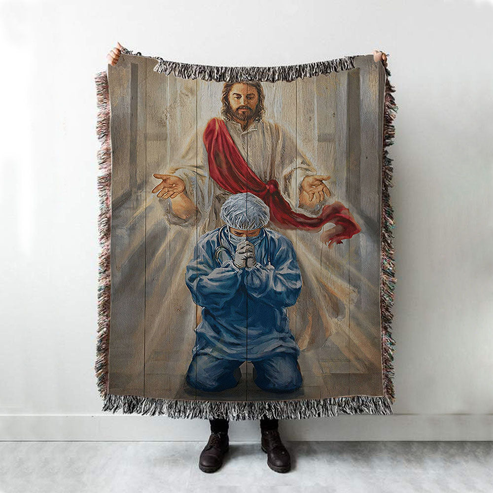 Jesus &amp; Doctor Woven Throw Blanket - Jesus Woven Blanket Pictures - Christian Woven Throw Blanket