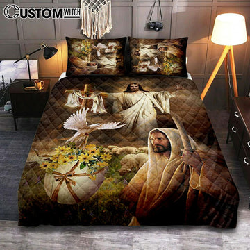 Jesus Dove Cross Yellow Flower Bedroom Quilt Bedding Set - Jesus Portrait Quilt Bedding Set Prints - Christian Bedroom