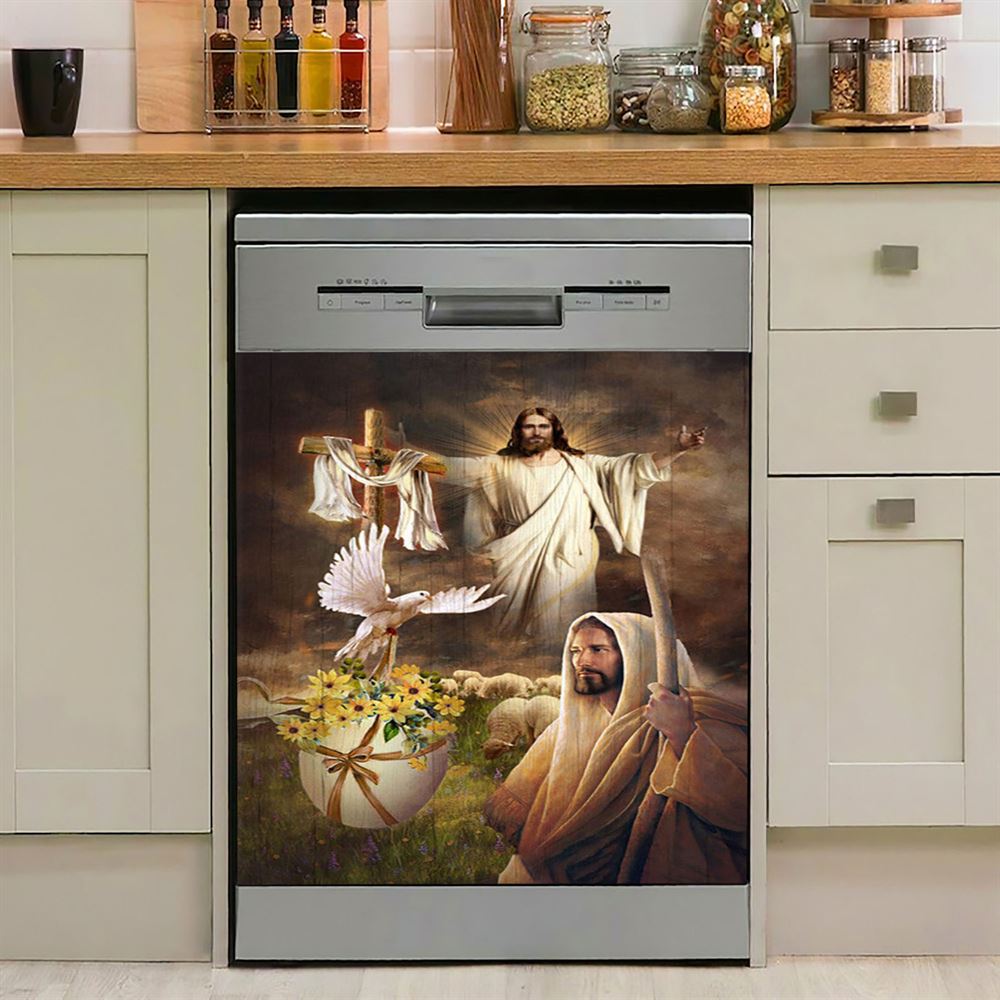 Jesus Dove Cross Yellow Flower Dishwasher Cover, Jesus Portrait Dishwasher Stickers, Christian Kitchen Decor