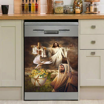 Jesus Dove Cross Yellow Flower Dishwasher Cover, Jesus Portrait Dishwasher Stickers, Christian Kitchen Decor
