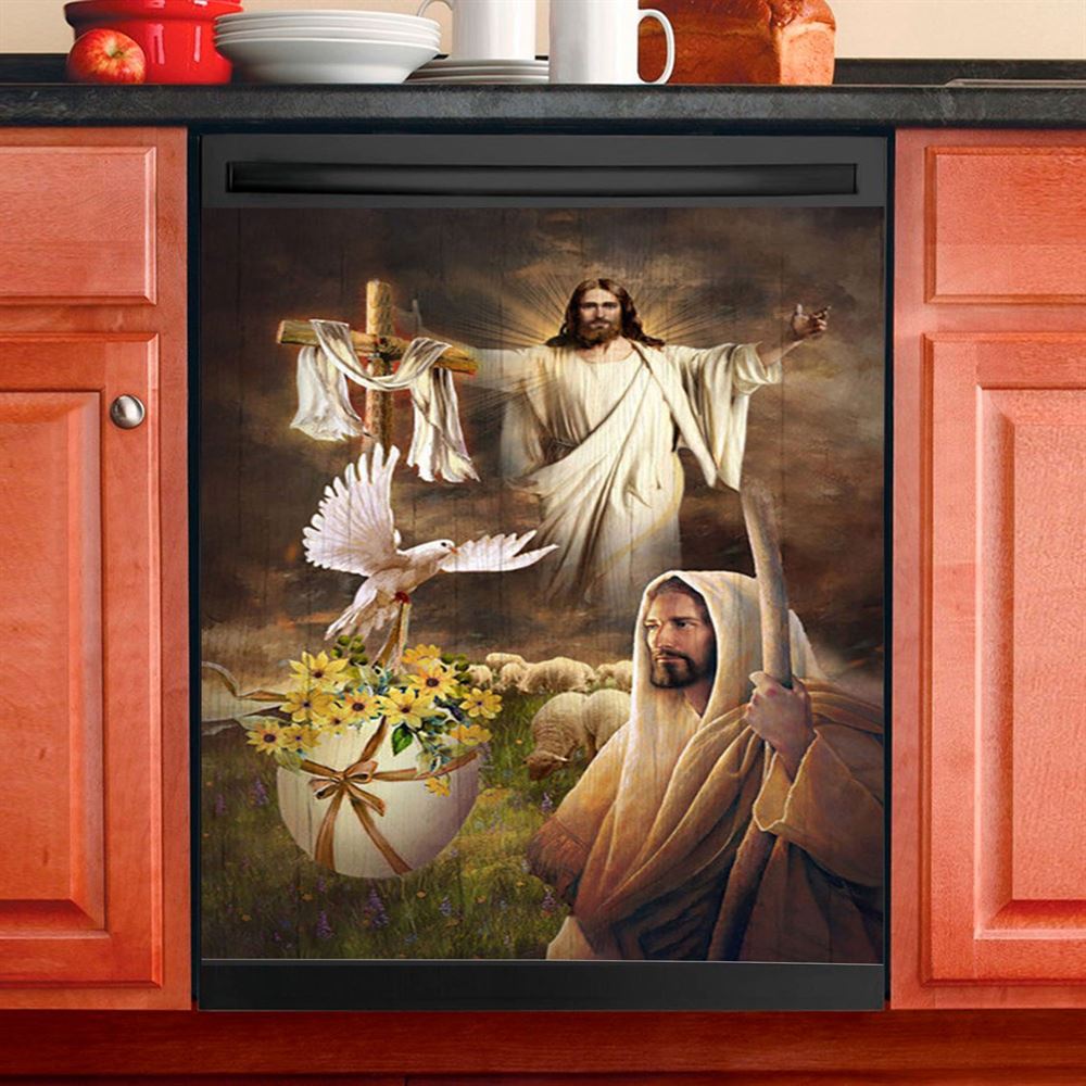 Jesus Dove Cross Yellow Flower Dishwasher Cover, Jesus Portrait Dishwasher Stickers, Christian Kitchen Decor