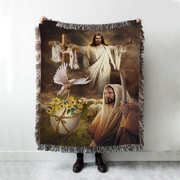 Jesus Dove Cross Yellow Flower Throw Blanket Woven Blanket - Jesus Portrait Woven Blanket Prints - Christian Throw Blanket