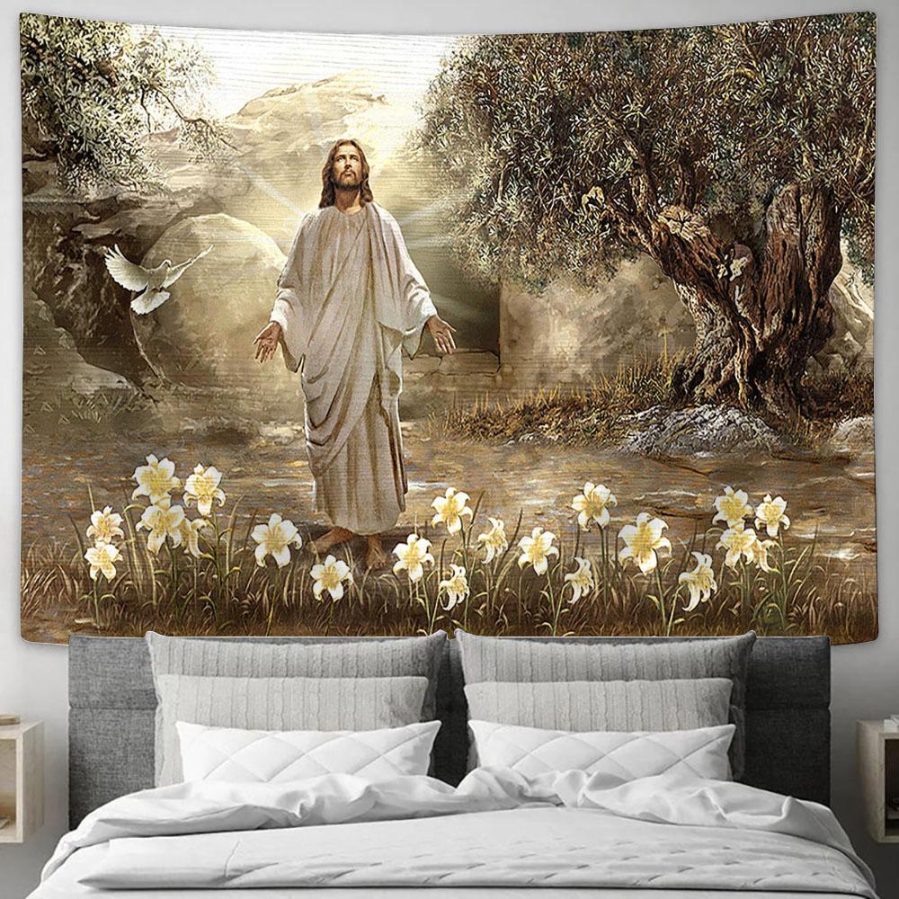 Jesus Dove Of Peace Meadow Landscape A New Day Has Come Tapestry Art - Christian Wall Art Decor - Bible Verse Tapestry