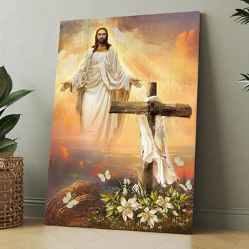 Jesus Drawing, Cross Symbol, Lily Flower, Sunset, In The Sky Canvas, Christmas Gift for Christian