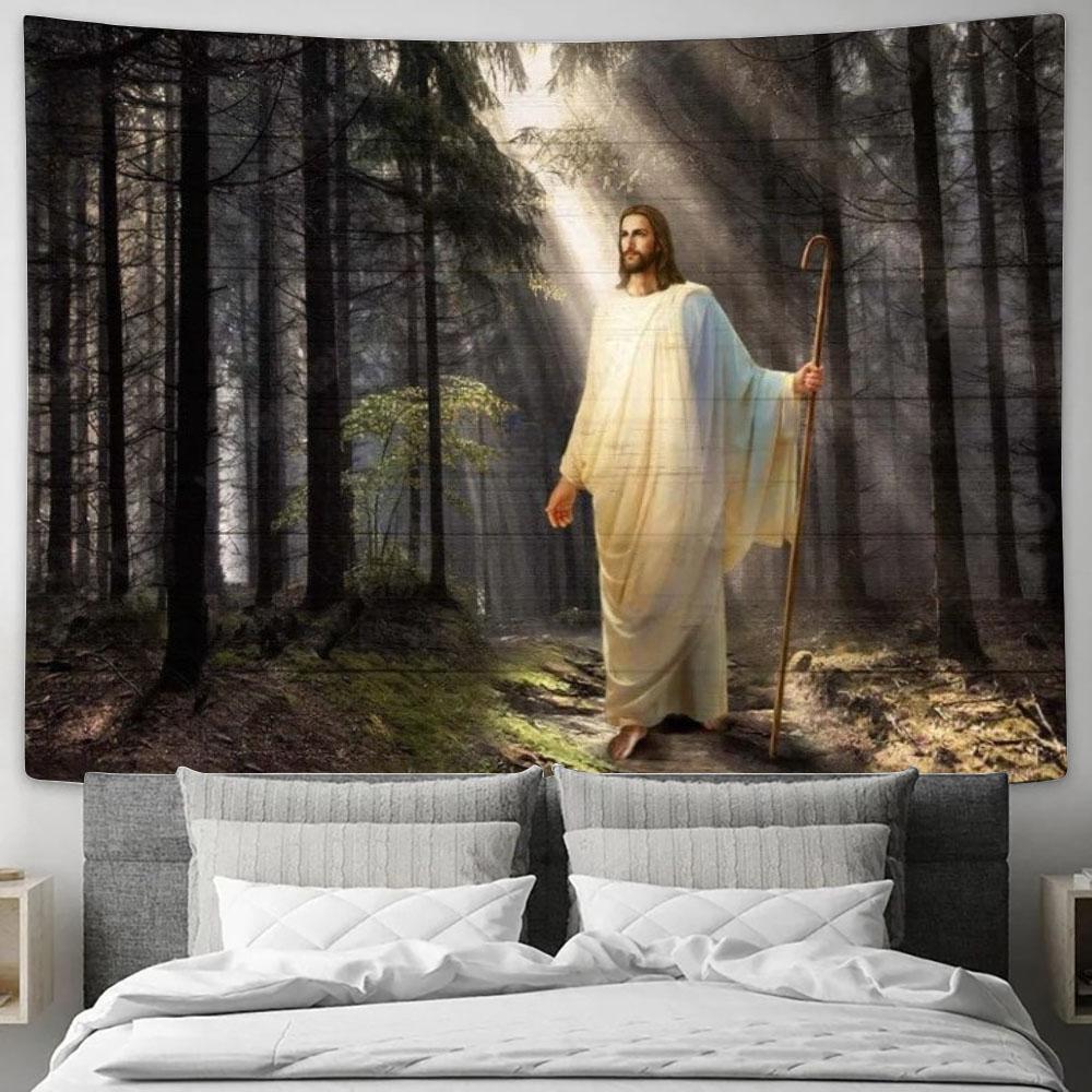 Jesus Drawing, Light In Miracle Forest Tapestry, Tapestries for Living Room Bedroom
