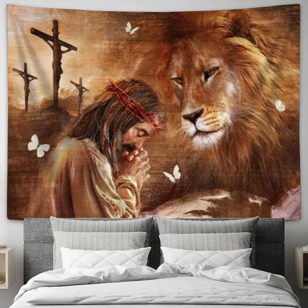 Jesus Drawing Lion King Pray For Healing Tapestry, Tapestries for Living Room Bedroom
