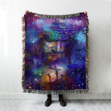Jesus Face Crown Of Thorns Cross Throw Blanket Woven Blanket - Jesus Portrait Woven Blanket Prints - Christian Throw Blanket