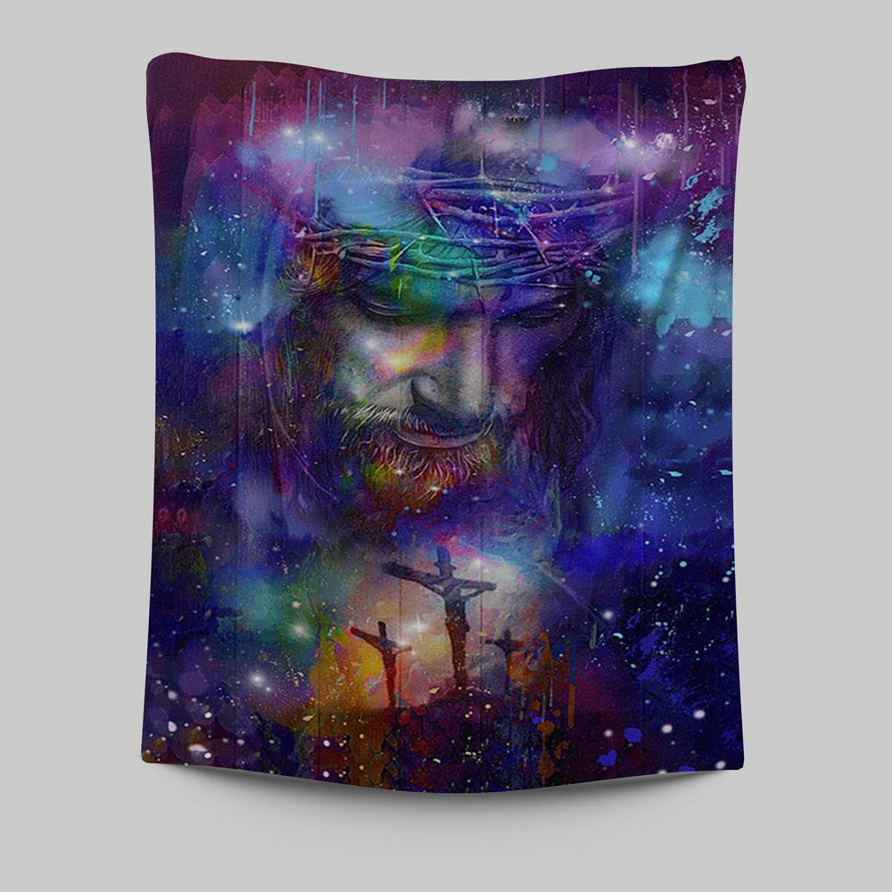 Jesus Face Crown Of Thorns Cross Wall Art Tapestry - Jesus Portrait Tapestry Prints - Christian Wall Art